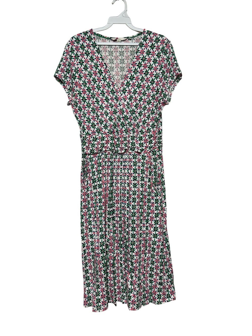 Boden Wrap Front Midi Dress Size 10 Pink Green Short Sleeve Nursing Modest